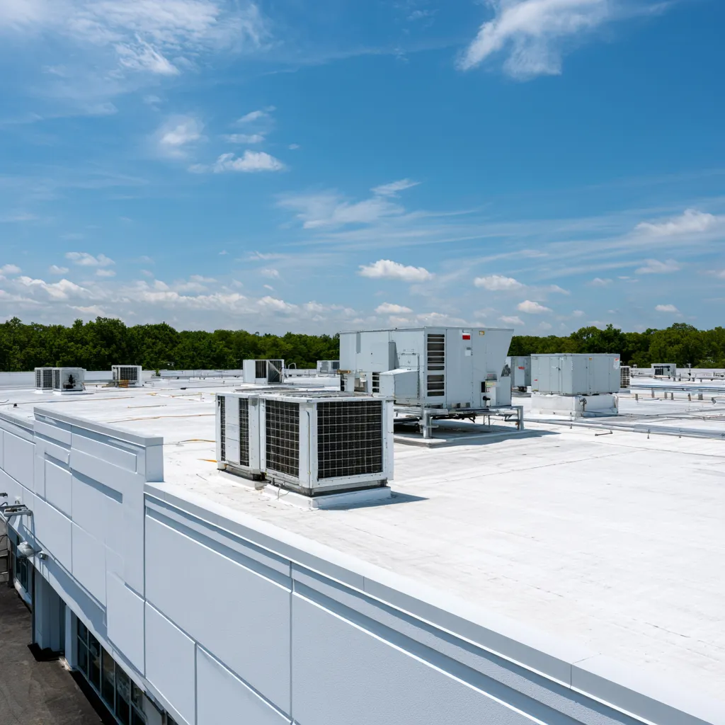 Rows of HVAC units across a large white commercial roof